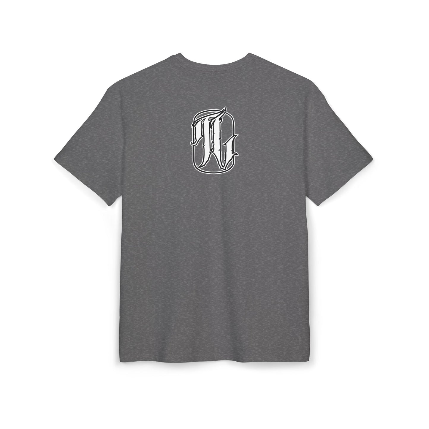 charcoal heather t-shirt with a graphic print of a character, back