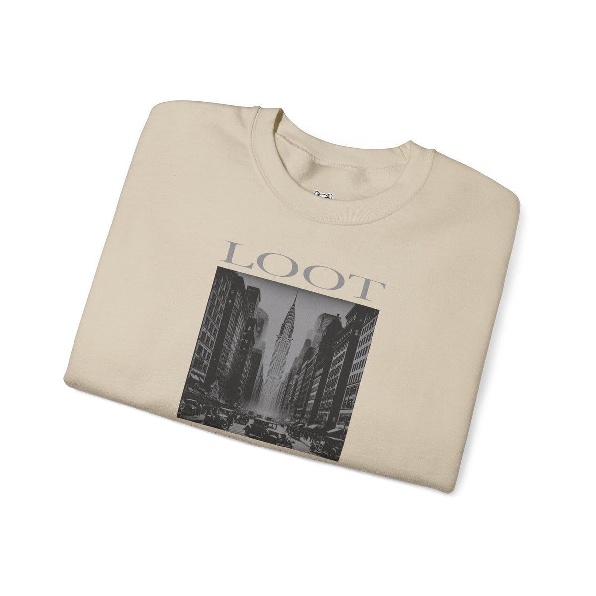 folded sand sweatshirt with black and white graphic and 'LOOT' text on a white background, front